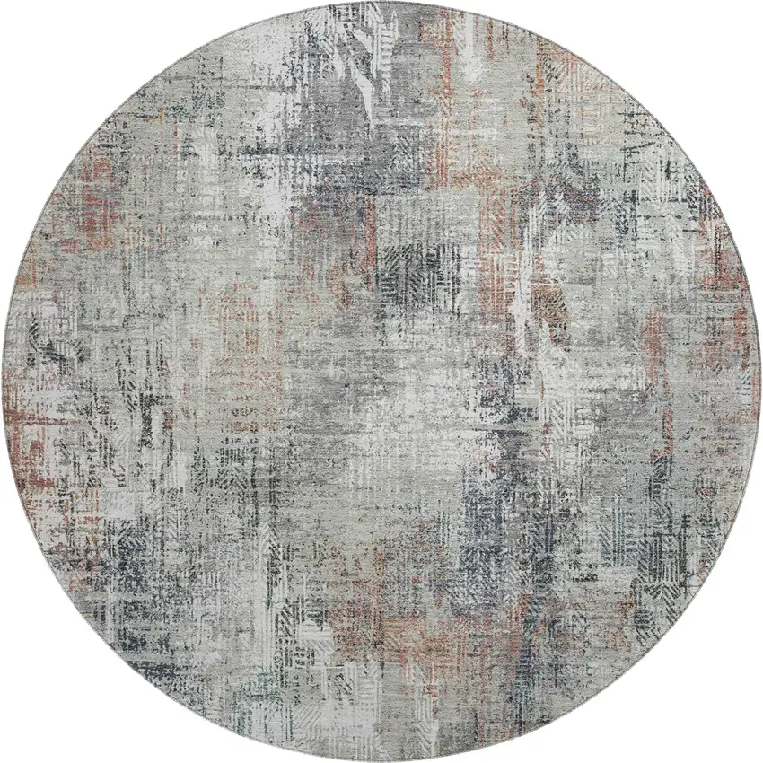 8' Taupe Copper And Beige Abstract Washable Round Rug With UV Protection Photo 1