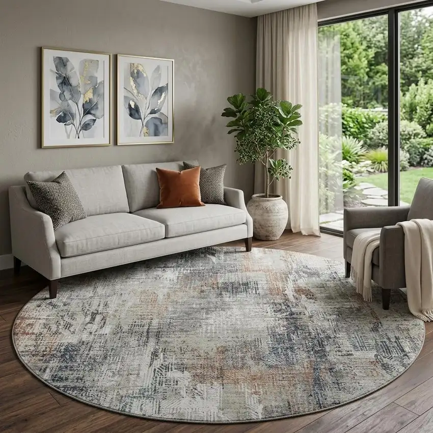 8' Taupe Copper And Beige Abstract Washable Round Rug With UV Protection Photo 1