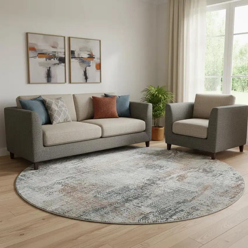 8' Taupe Copper And Beige Abstract Washable Round Rug With UV Protection Photo 1