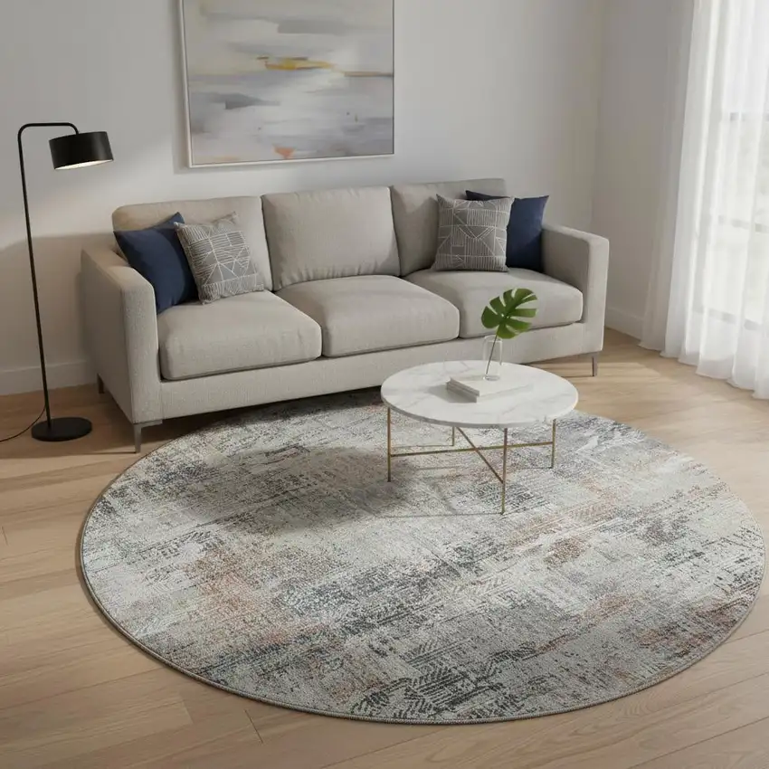 8' Taupe Copper And Beige Abstract Washable Round Rug With UV Protection Photo 3