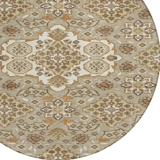 8' Taupe Copper And Beige Round Medallion Washable Indoor Outdoor Area Rug Photo 4