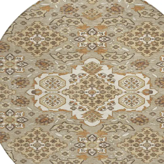 8' Taupe Copper And Beige Round Medallion Washable Indoor Outdoor Area Rug Photo 8