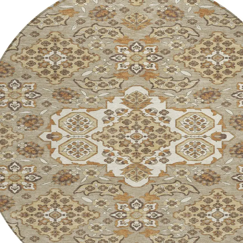 8' Taupe Copper And Beige Round Medallion Washable Indoor Outdoor Area Rug Photo 8