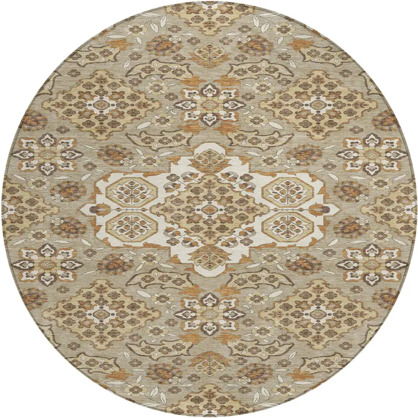 8' Taupe Copper And Beige Round Medallion Washable Indoor Outdoor Area Rug Photo 1
