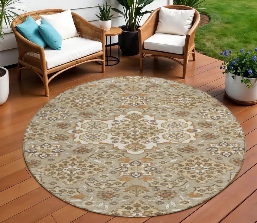 8' Taupe Copper And Beige Round Medallion Washable Indoor Outdoor Area Rug Photo 2