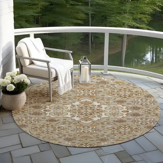 8' Taupe Copper And Beige Round Medallion Washable Indoor Outdoor Area Rug Photo 5