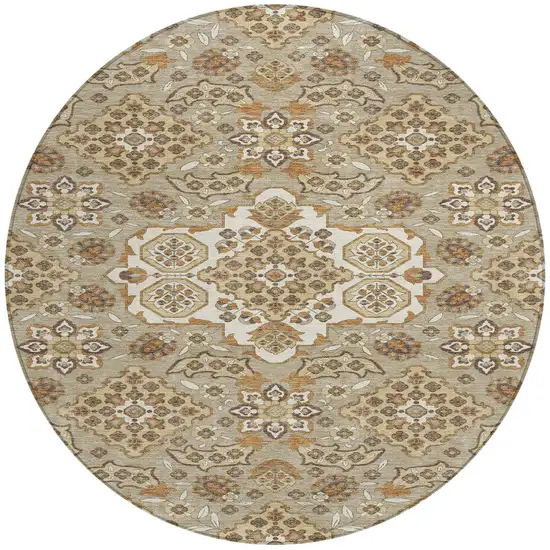 8' Taupe Copper And Beige Round Medallion Washable Indoor Outdoor Area Rug Photo 3
