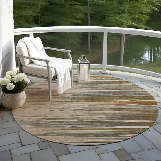 8' Taupe Copper And Green Round Striped Washable Indoor Outdoor Area Rug Photo 7
