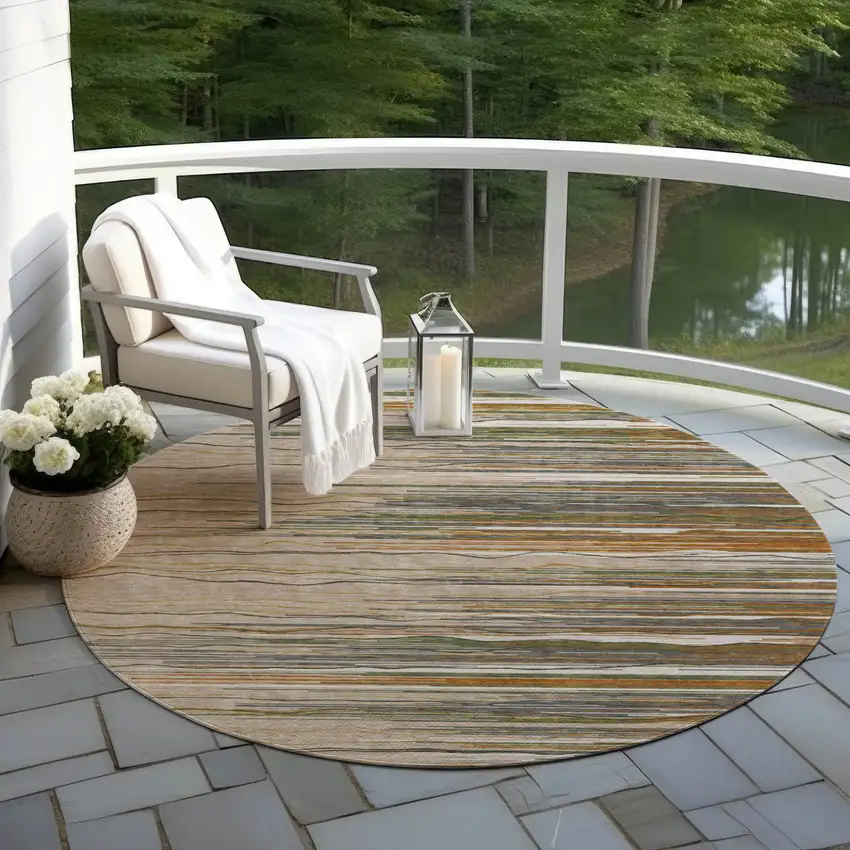 8' Taupe Copper And Green Round Striped Washable Indoor Outdoor Area Rug Photo 7