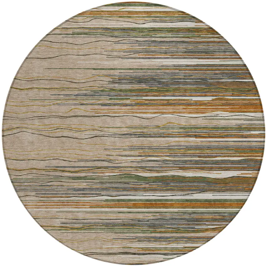 8' Taupe Copper And Green Round Striped Washable Indoor Outdoor Area Rug Photo 2