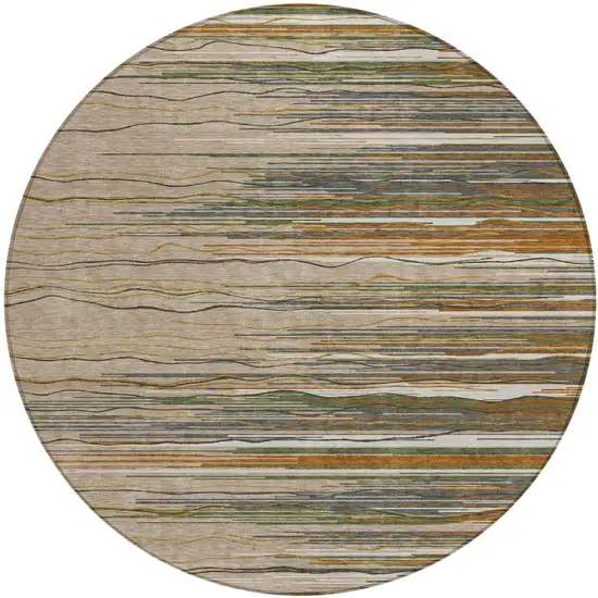 8' Taupe Copper And Green Round Striped Washable Indoor Outdoor Area Rug Photo 2