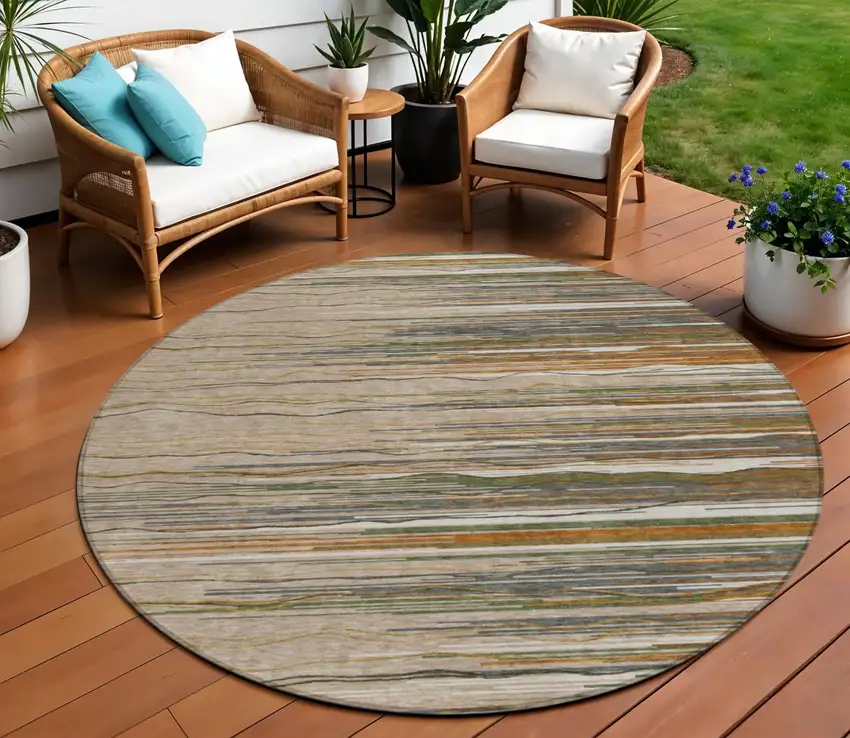 8' Taupe Copper And Green Round Striped Washable Indoor Outdoor Area Rug Photo 1