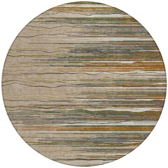 8' Taupe Copper And Green Round Striped Washable Indoor Outdoor Area Rug Photo 6