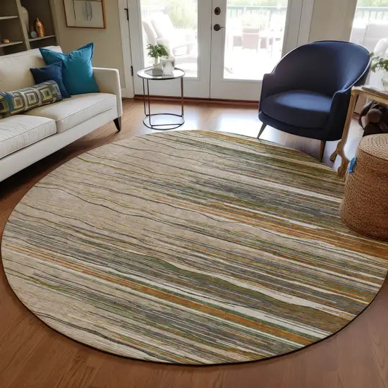 8' Taupe Copper And Green Round Striped Washable Indoor Outdoor Area Rug Photo 8