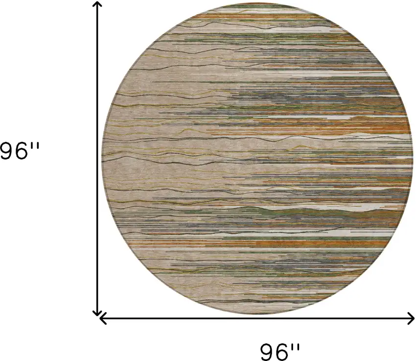 8' Taupe Copper And Green Round Striped Washable Indoor Outdoor Area Rug Photo 3