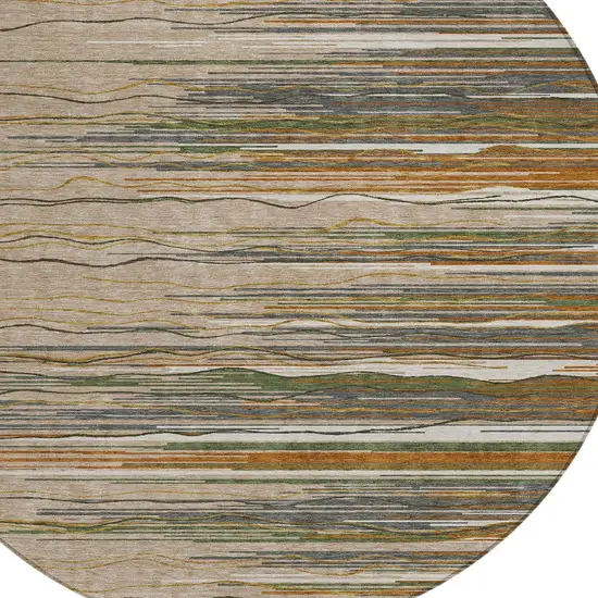 8' Taupe Copper And Green Round Striped Washable Indoor Outdoor Area Rug Photo 5