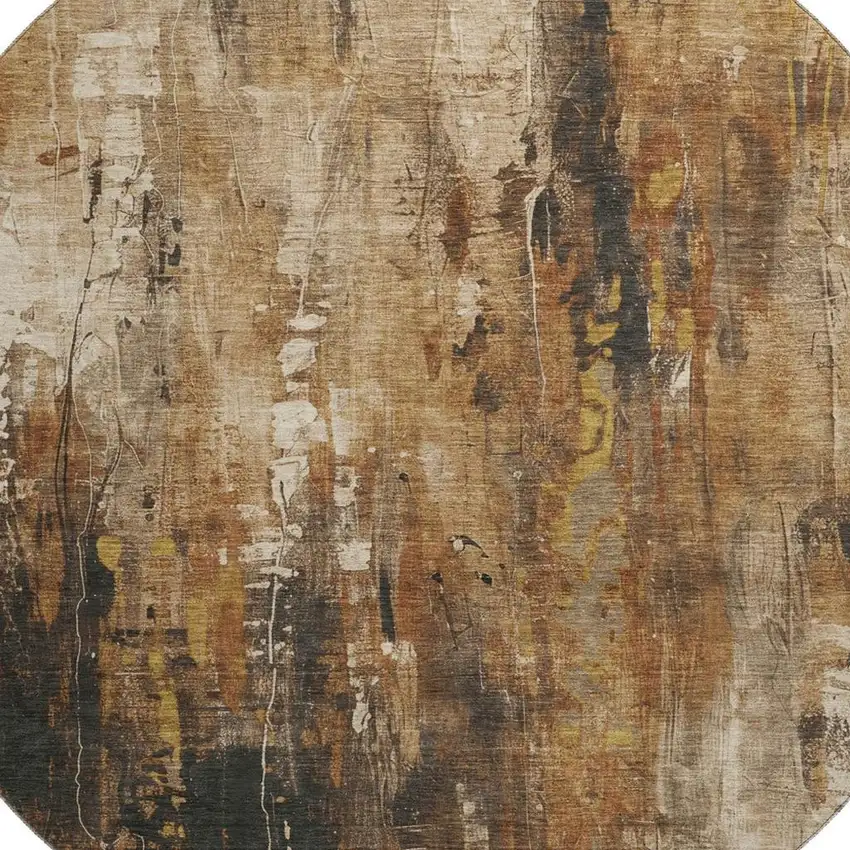 8' Taupe Copper And Ivory Abstract Washable Round Rug With UV Protection Photo 2