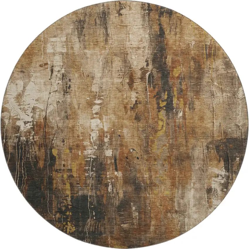 8' Taupe Copper And Ivory Abstract Washable Round Rug With UV Protection Photo 1