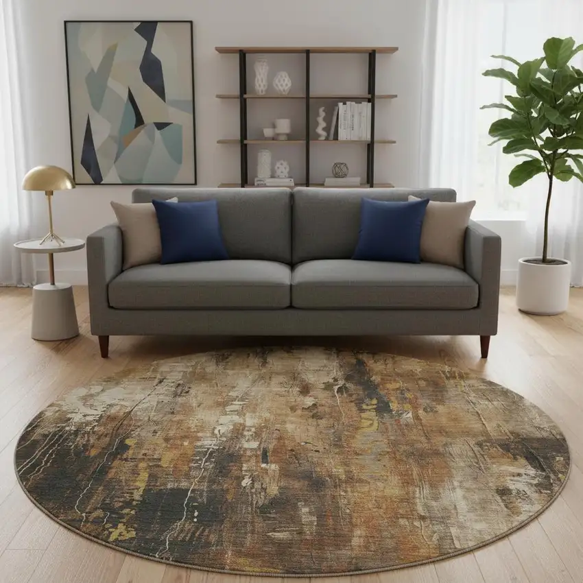 8' Taupe Copper And Ivory Abstract Washable Round Rug With UV Protection Photo 2