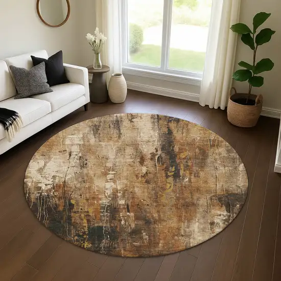 8' Taupe Copper And Ivory Abstract Washable Round Rug With UV Protection Photo 4