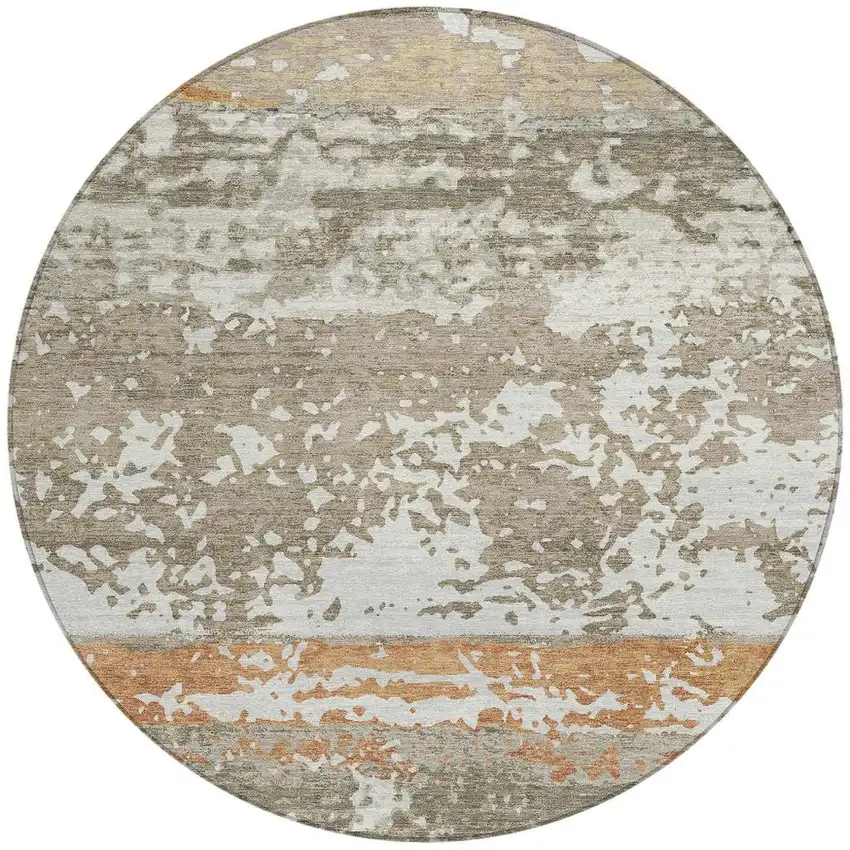 8' Taupe Copper And Ivory Round Striped Washable Indoor Outdoor Area Rug Photo 2