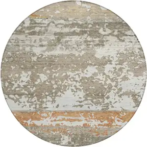 Photo of 8' Taupe Copper And Ivory Round Striped Washable Indoor Outdoor Area Rug