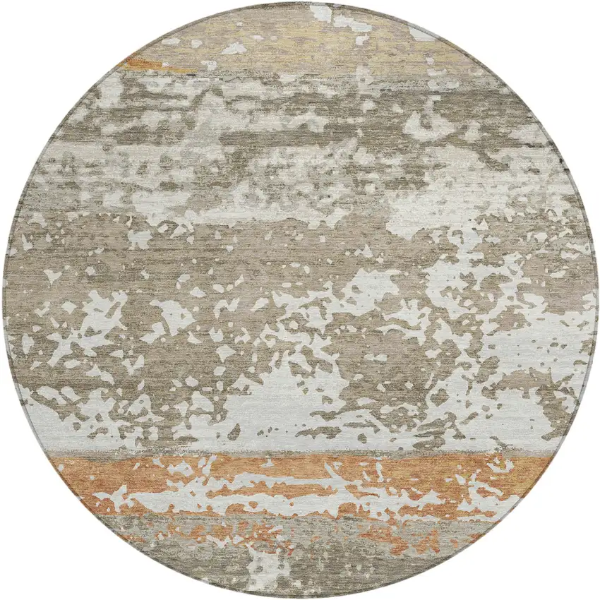 8' Taupe Copper And Ivory Round Striped Washable Indoor Outdoor Area Rug Photo 1