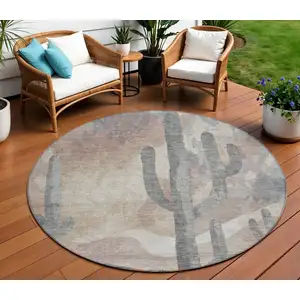 Photo of 8' Taupe Coral And Sage Round Botanical Leaves Washable Indoor Outdoor Area Rug
