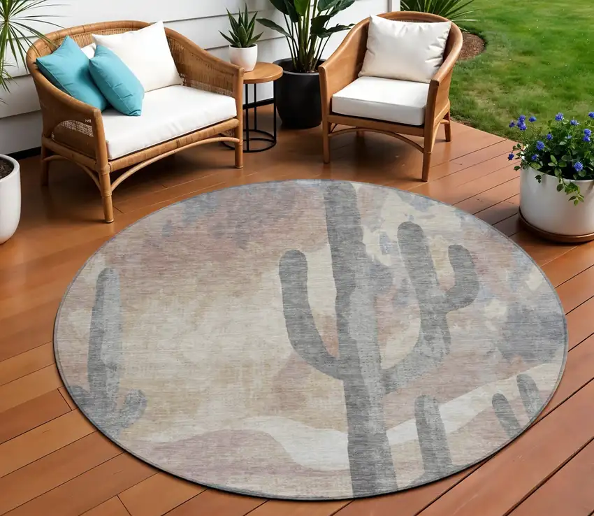 8' Taupe Coral And Sage Round Botanical Leaves Washable Indoor Outdoor Area Rug Photo 1