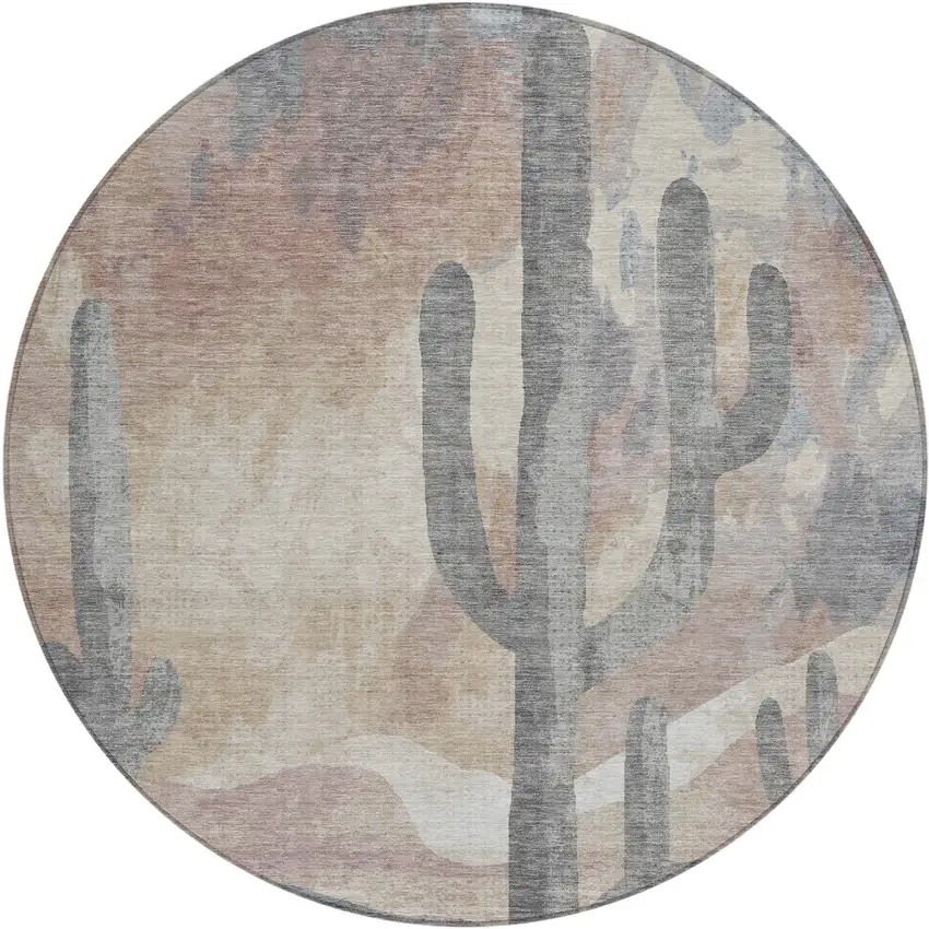 8' Taupe Coral And Sage Round Botanical Leaves Washable Indoor Outdoor Area Rug Photo 2
