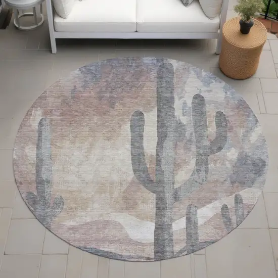 8' Taupe Coral And Sage Round Botanical Leaves Washable Indoor Outdoor Area Rug Photo 8