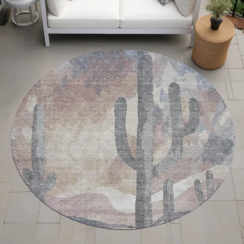 8' Taupe Coral And Sage Round Botanical Leaves Washable Indoor Outdoor Area Rug Photo 8