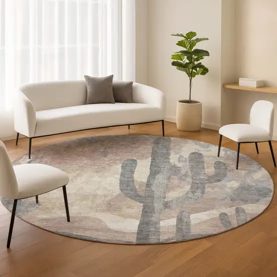 8' Taupe Coral And Sage Round Botanical Leaves Washable Indoor Outdoor Area Rug Photo 9