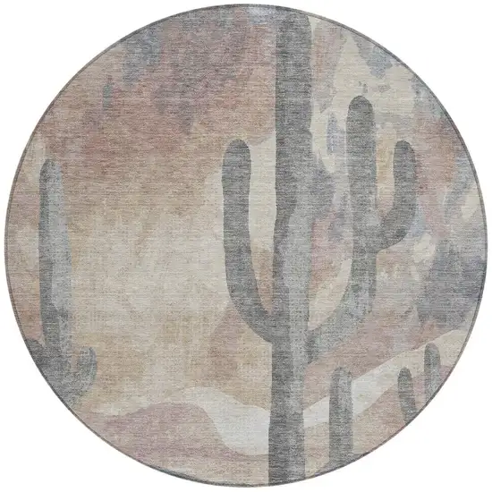 8' Taupe Coral And Sage Round Botanical Leaves Washable Indoor Outdoor Area Rug Photo 4