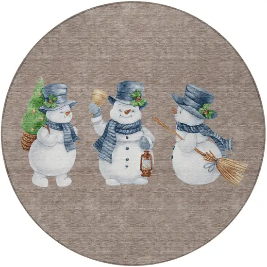 8' Taupe Denim Blue And Ivory Round Botanical Leaves Washable Indoor Outdoor Area Rug Photo 3