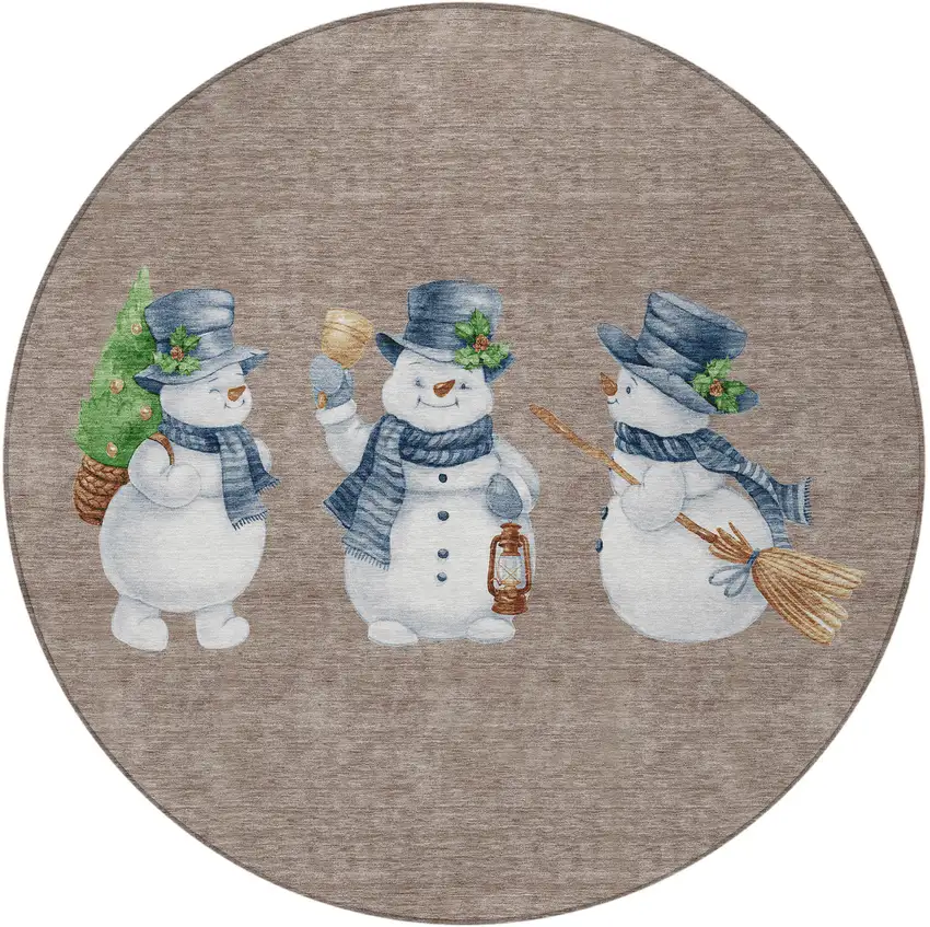 8' Taupe Denim Blue And Ivory Round Botanical Leaves Washable Indoor Outdoor Area Rug Photo 3