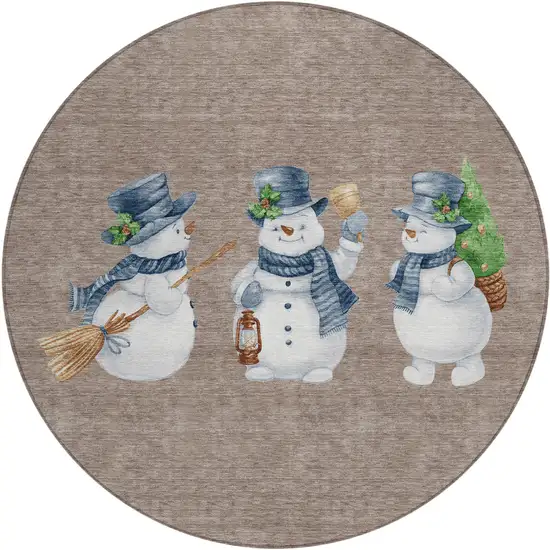 8' Taupe Denim Blue And Ivory Round Botanical Leaves Washable Indoor Outdoor Area Rug Photo 1