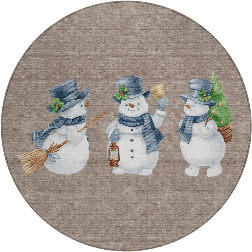 8' Taupe Denim Blue And Ivory Round Botanical Leaves Washable Indoor Outdoor Area Rug Photo 1