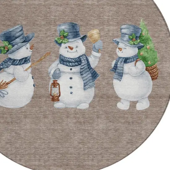 8' Taupe Denim Blue And Ivory Round Botanical Leaves Washable Indoor Outdoor Area Rug Photo 4