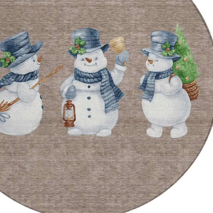 8' Taupe Denim Blue And Ivory Round Botanical Leaves Washable Indoor Outdoor Area Rug Photo 4