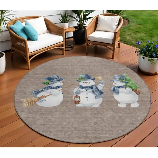 8' Taupe Denim Blue And Ivory Round Botanical Leaves Washable Indoor Outdoor Area Rug Photo 2