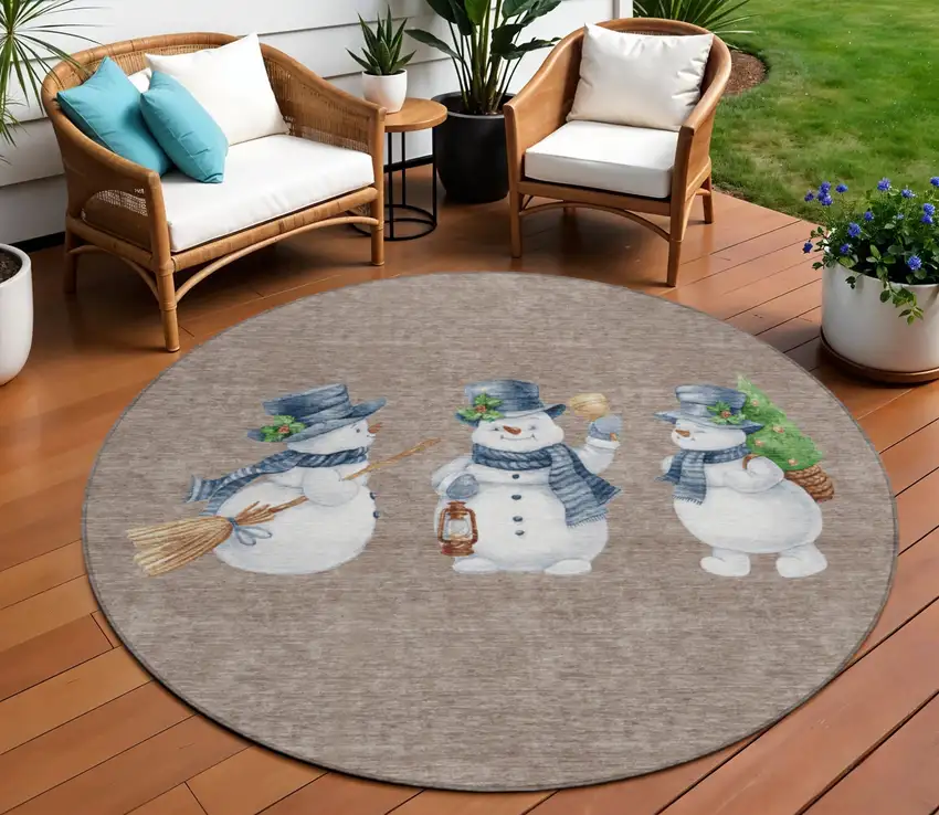 8' Taupe Denim Blue And Ivory Round Botanical Leaves Washable Indoor Outdoor Area Rug Photo 2
