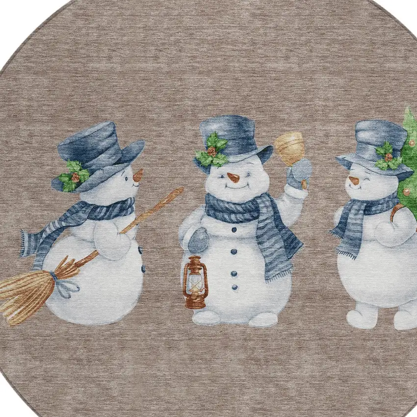 8' Taupe Denim Blue And Ivory Round Botanical Leaves Washable Indoor Outdoor Area Rug Photo 9