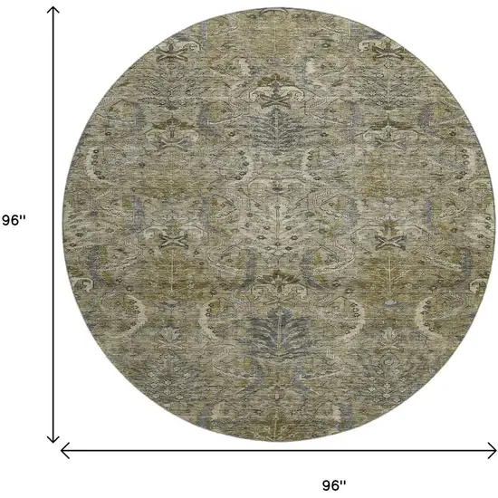 8' Taupe Gold And Beige Damask Washable Round Rug With UV Protection Photo 9