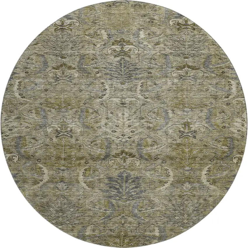 8' Taupe Gold And Beige Damask Washable Round Rug With UV Protection Photo 1