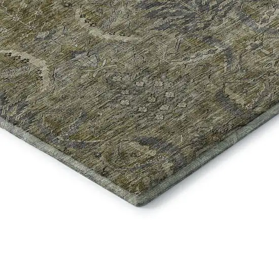 8' Taupe Gold And Beige Damask Washable Round Rug With UV Protection Photo 6