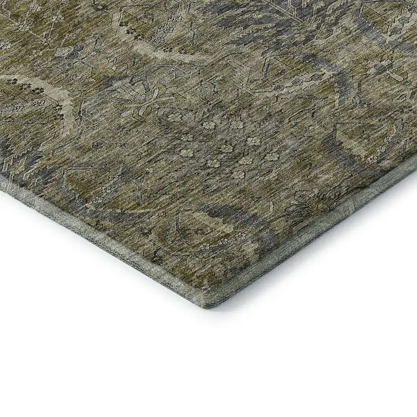 8' Taupe Gold And Beige Damask Washable Round Rug With UV Protection Photo 6