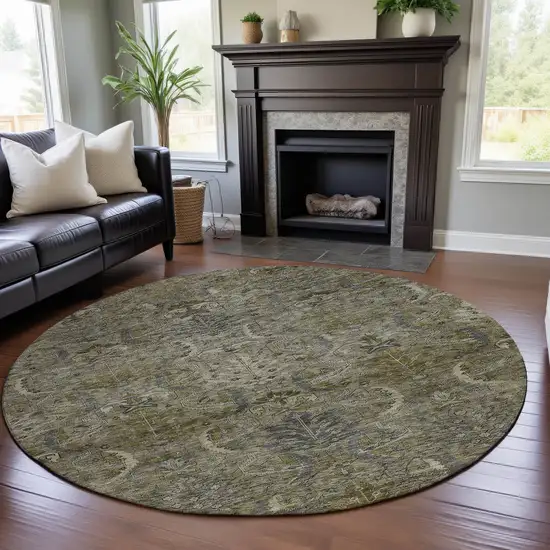 8' Taupe Gold And Beige Damask Washable Round Rug With UV Protection Photo 4