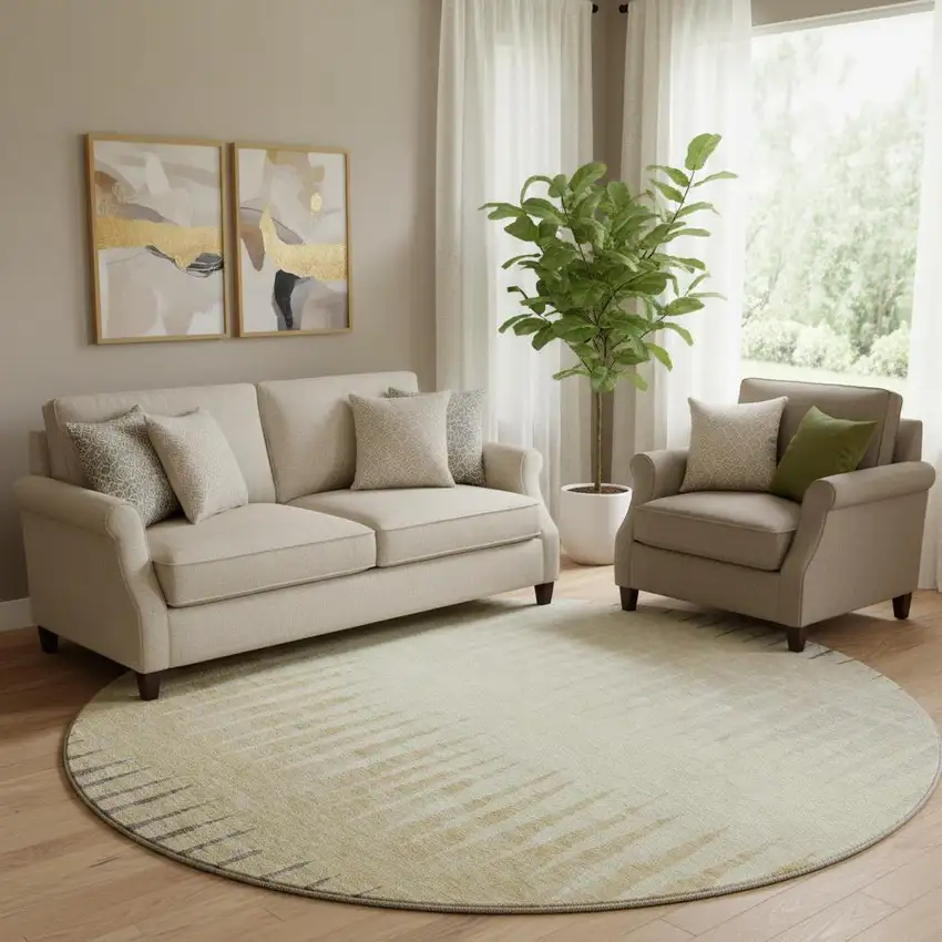 8' Taupe Gold And Beige Striped Washable Round Rug With UV Protection Photo 1