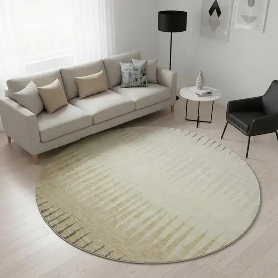 8' Taupe Gold And Beige Striped Washable Round Rug With UV Protection Photo 2